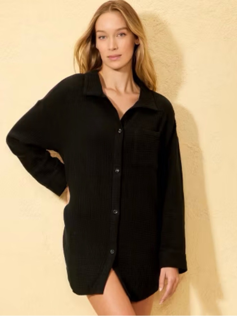 Shade & Shore Black Button Down Front Gauze Cover-Up Shirtdress